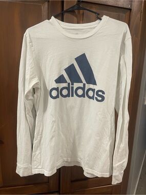 adidas White Long-Sleeve Tee with Navy Logo